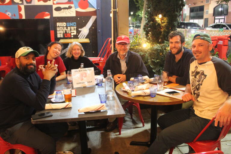 Those taking part in the peer support group at Bridget Foy's were (left to right) Charles Paul, Ann Lalicker, Melanie Kisthardt, Bill Lalicker, Jon Mozes, and the event organizer Clancy Philbrick. (Cory Sharber/WHYY)