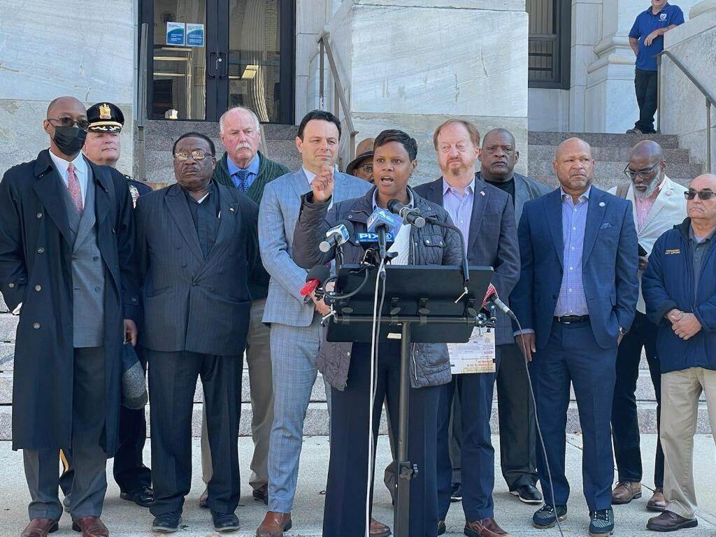 NAACP Rally in Paterson NJ Assemblywoman Shavonda Sumter (D-Passaic) speaks at a press conference outside Paterson City Hall on Nov 3, 2022. The NAACP hosted press conference to denounce political sent to New Jersey residents by the right-wing nonprofit American First Legal. (Courtesy of Assemblywoman Sumter)