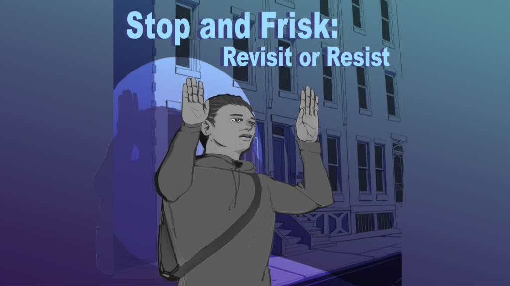Stop_Frisk_NoLogos An illustration shows a person with their hands up, in a spotlight. Rowhomes are visible behind them.