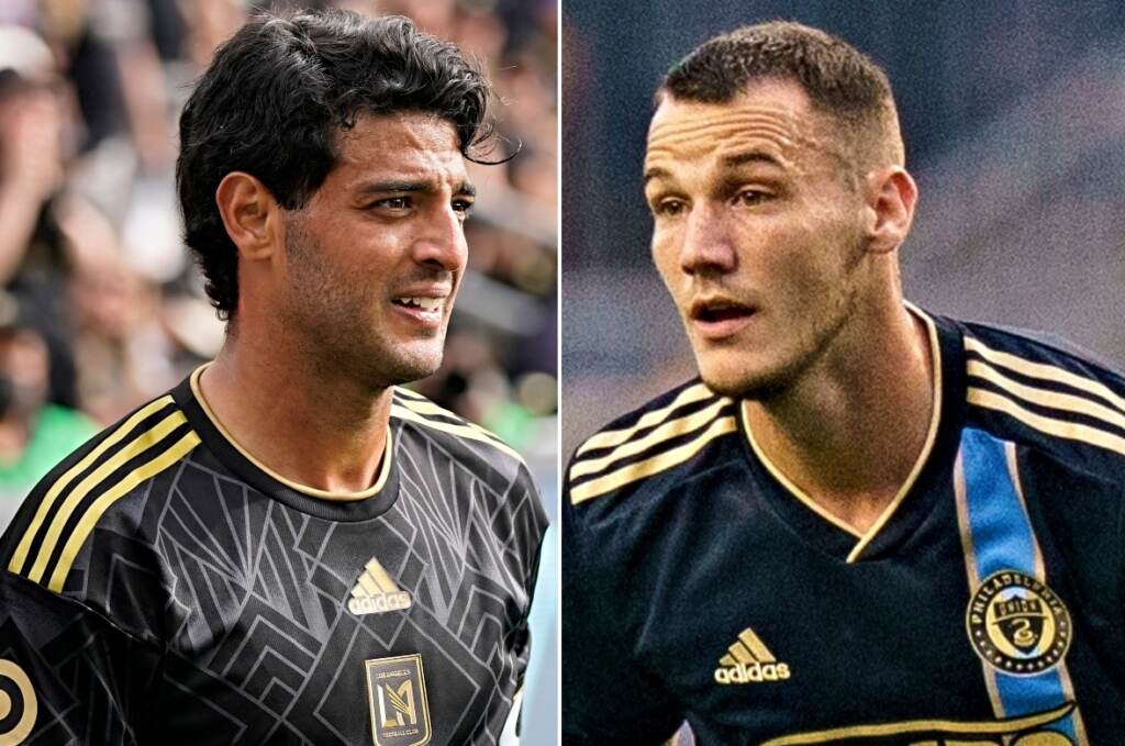 Los Angeles FC's Carlos Vela (left) and the Philadelphia Union's Daniel Gazdag ((AP Photo/Jae C. Hong and Chris Szagola)