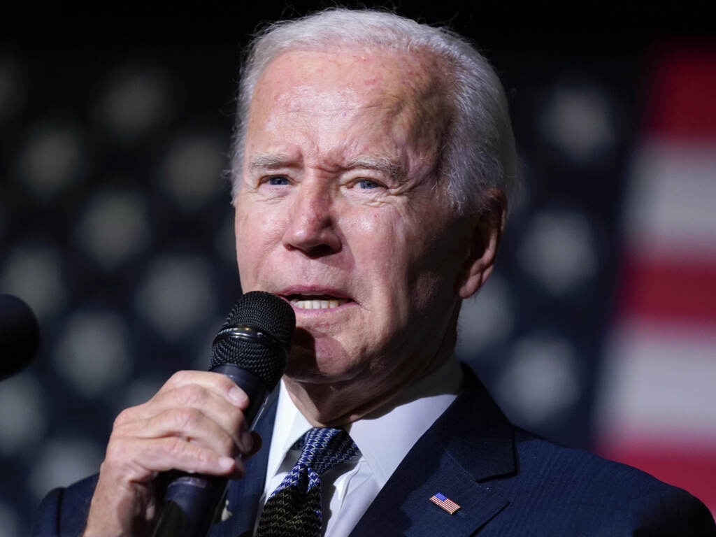 President Joe Biden speaking about student loan debt relief at Delaware State University, Oct. 21, 2022, in Dover, Del. The Biden administration said it is extending the student loan repayment pause again. A closeup of Joe Biden