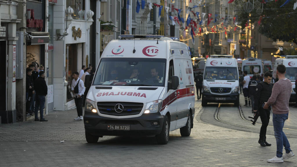 Security and ambulances report to the scene of an explosion on Istanbul’s popular pedestrian Istiklal Avenue on Sunday. At least four people were killed. Security and ambulances report to the scene of an explosion on Istanbul's popular pedestrian Istiklal Avenue on Sunday. At least four people were killed. (Francisco Seco/AP)
