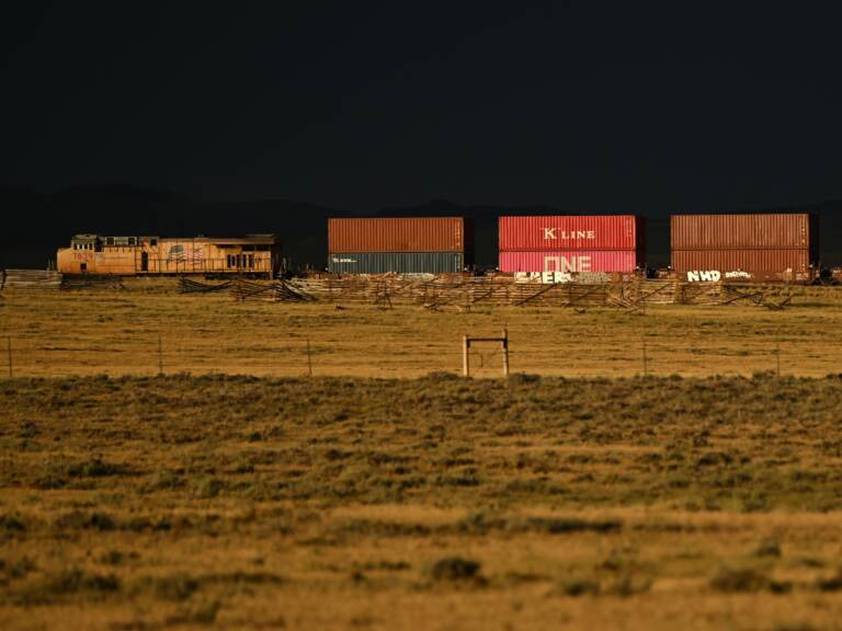 A Union Pacific freight train carries cargo along a rail line at sunset in Bosler, Wyoming, on August 13, 2022. (Patrick T. Fallon/AFP via Getty Images)