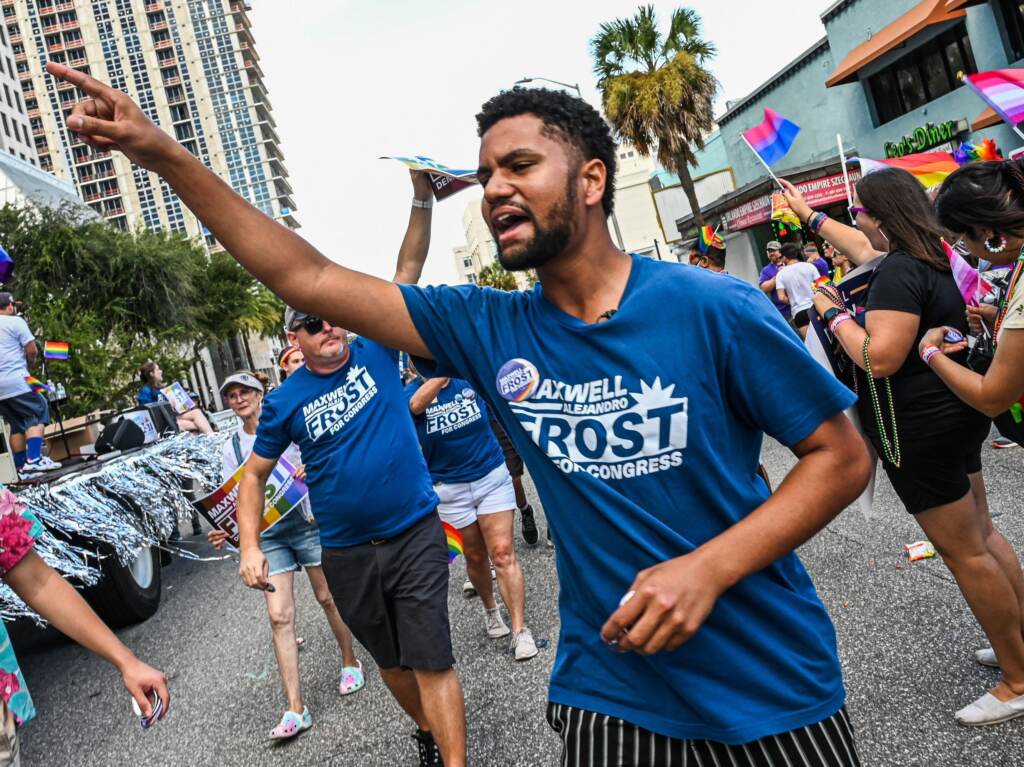 Maxwell Frost marching in Orlando’s Pride Parade. Maxwell Frost marching in Orlando's Pride Parade. (Giorgio Viera/AFP via Getty Images)