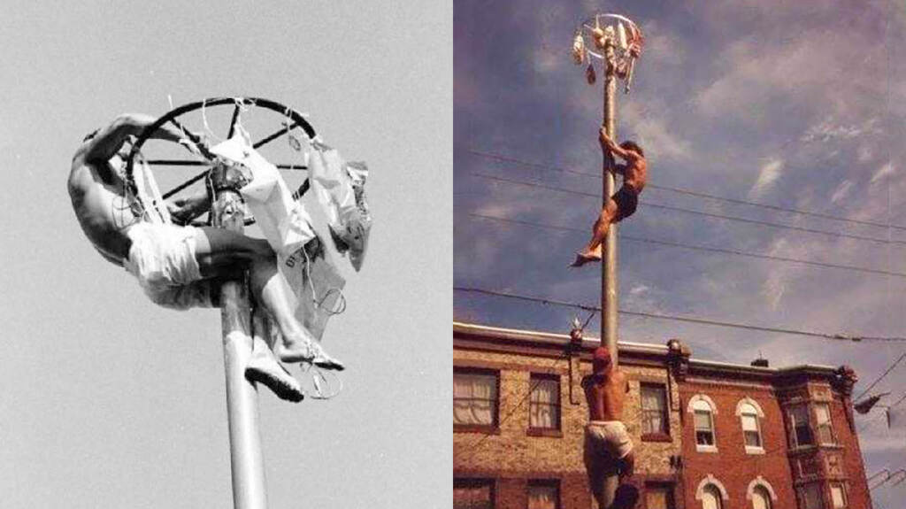 greasepole-climbing-italianmarket Old photos show grease pole climbers.