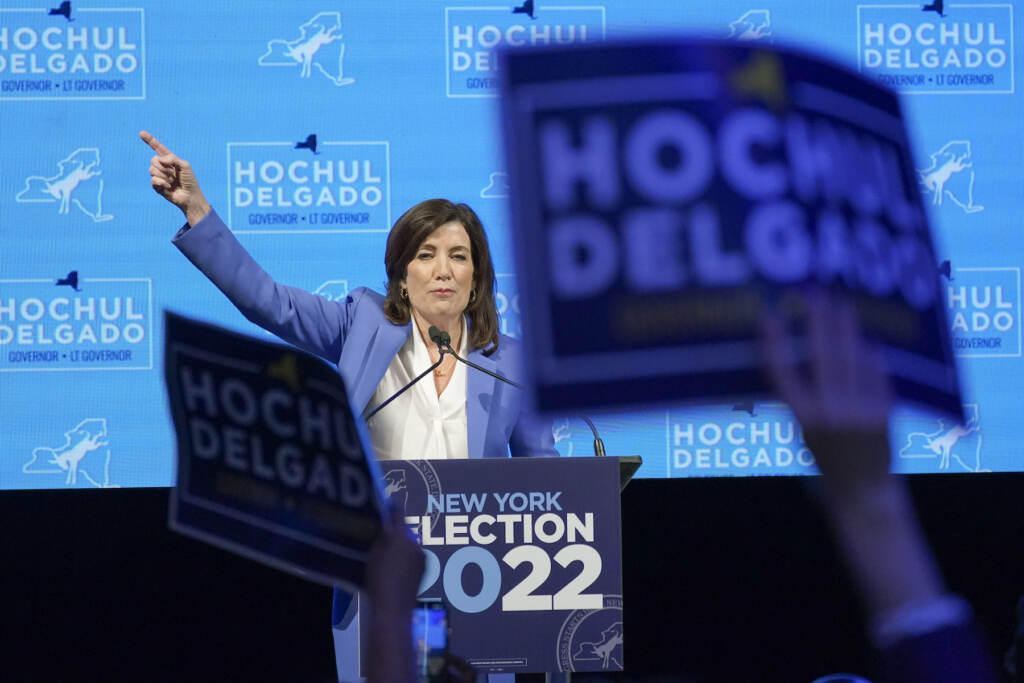 APTOPIX Election 2022 New York Governor New York Gov. Kathy Hochul speaks to supporters during her election night party, Tuesday, Nov. 8, 2022, in New York. (AP Photo/Mary Altaffer)