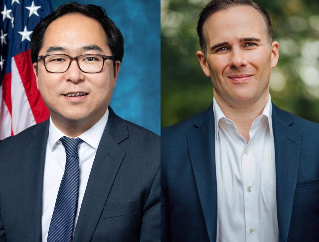 kim-healey-new-jersey-3rd-district Two men smile and pose in separate headshot photos.