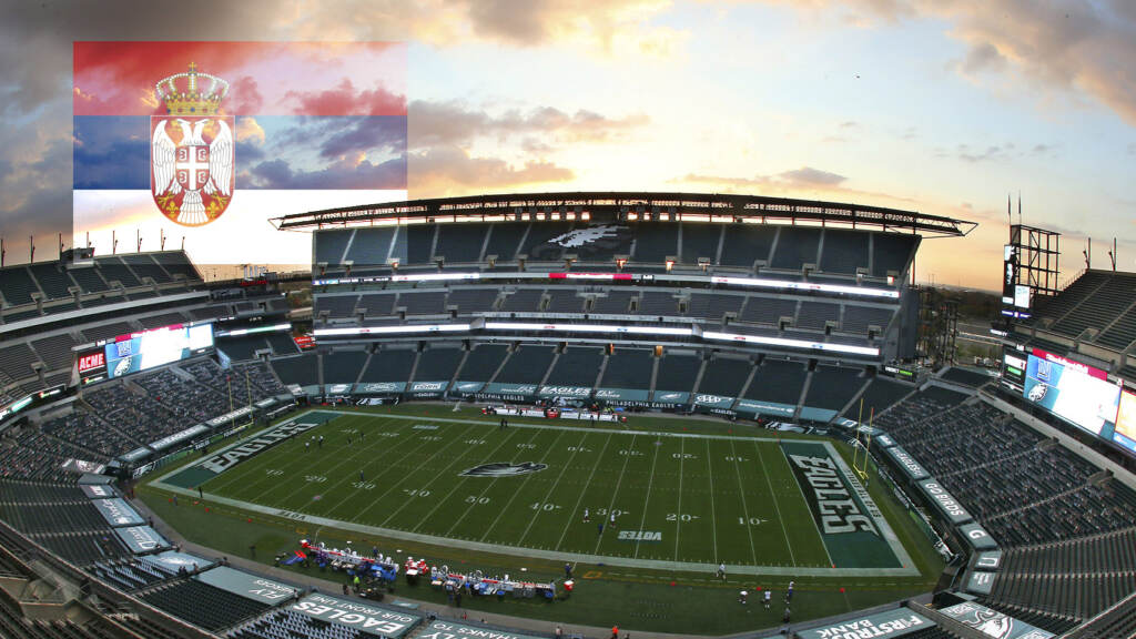 Giants Eagles Football Aerial view of Lincoln Financial Field with the Serbian coat of arms floating above it.