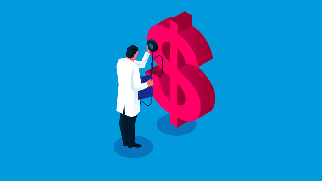 Many hospitals are now partnering with financing companies to offer payment plans when patients and their families can’t afford their bills. The catch: the plans can come with interest that significantly increases a patient’s debt. a doctor stands next to a dollar sign in an illustration.