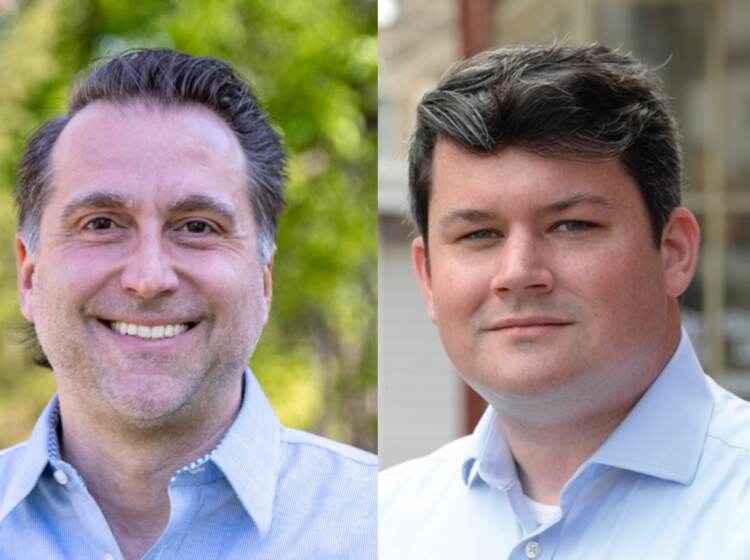 On the left, Mark Moffa poses. On the right, Joe Hogan poses.