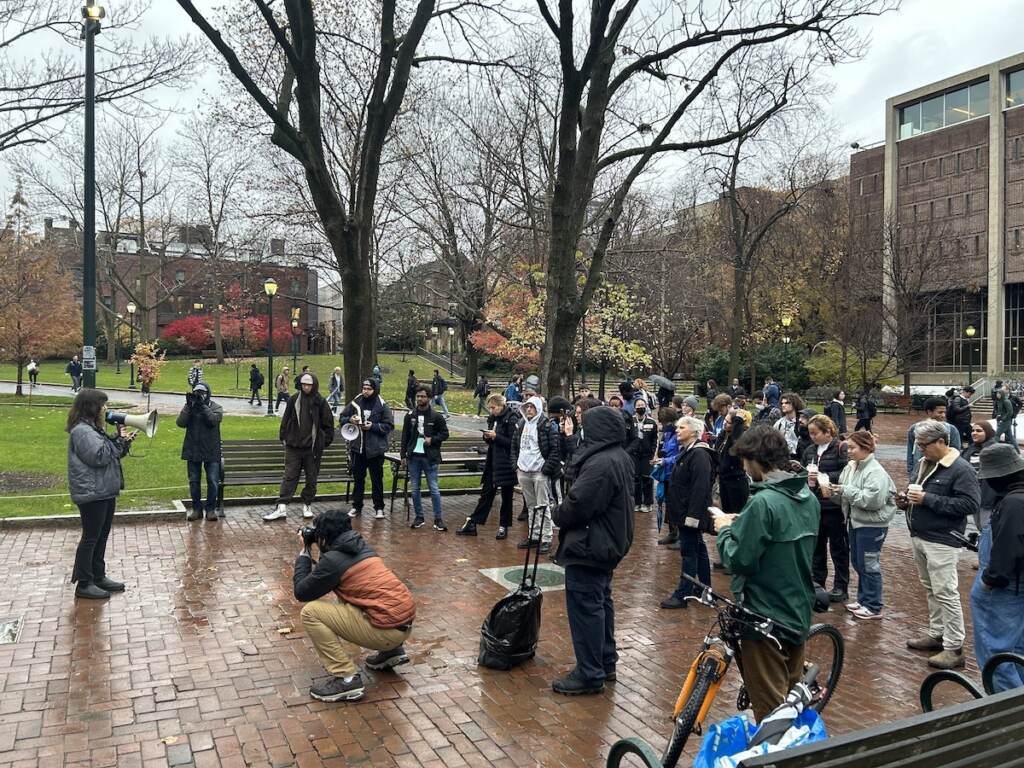 penn-protests-2 Penn students and allies rally in the rain on Wednesday, Nov. 30, 2022. (Sophia Schmidt/WHYY)
