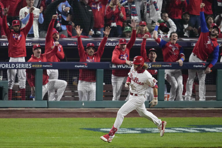 Alex Bohm rounds the bases after hitting a home run in Game 3 of the World Series