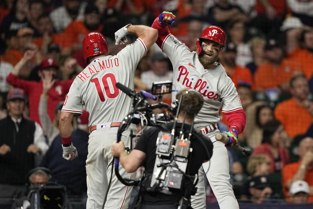 World Series Phillies Astros Baseball J.T. Realmuto celebrates his home run during the 10th inning in Game 1 of the World Series