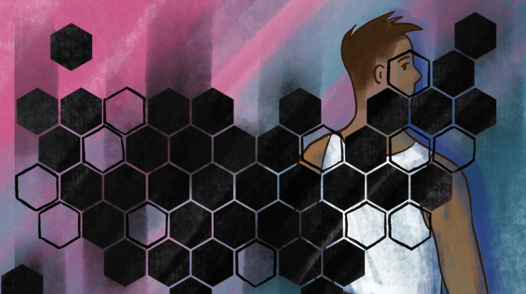 trans-youth-illo-112822 An illustration of a person set against a pink and blue backdrop, with an outline of U.S. states overlayed on top
