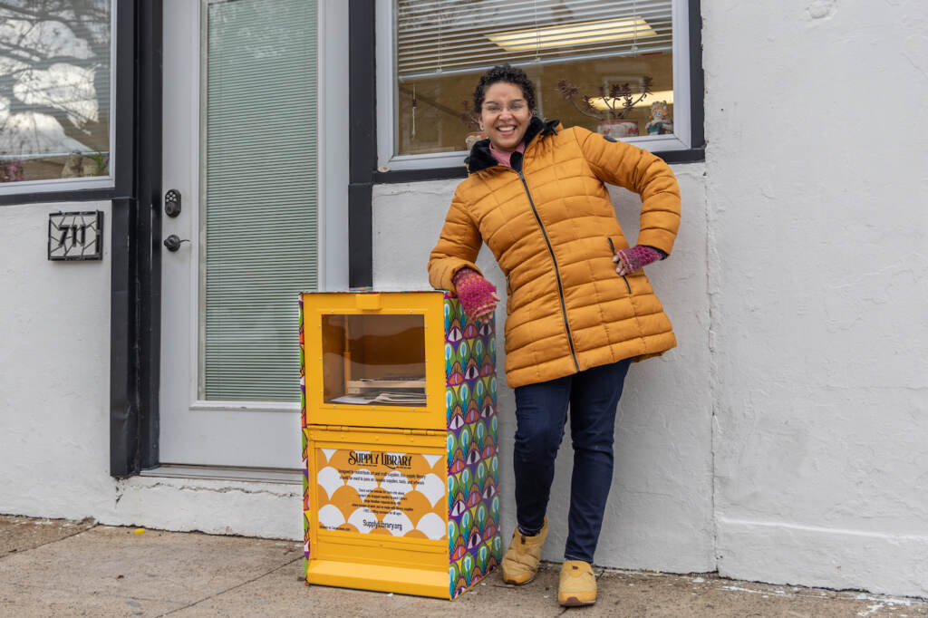 11 29 2022 k paynter cassie jones free supply library-3 Cassie Jones is the creator of the Free Supply Library, a free leave-and-take box for arts and crafts supplies on 50th Street in West Philadelphia. (Kimberly Paynter/WHYY)