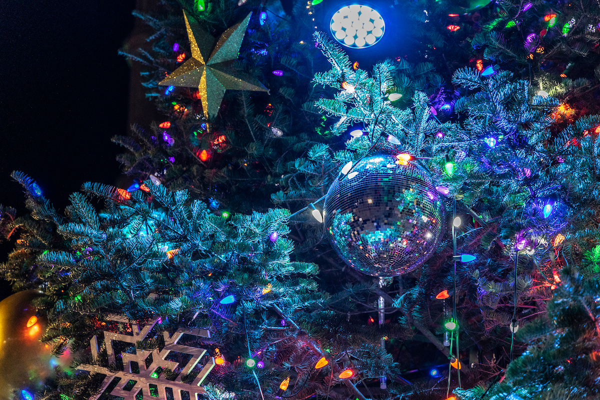 A new ornament added to the City of Philadelphia’s 2022 City Hall Christmas tree is a disco ball that honors LGBTQ activist Jeff Guaracino. (Kimberly Paynter/WHYY)