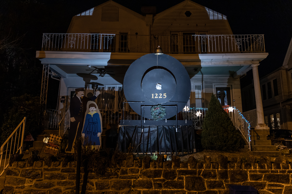 A Polar Express train adorns a Roxborough home's lawn.