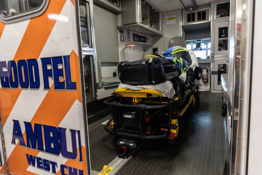 12 21 2022 k paynter ambulance ride along day 1-2 A view of a gurney inside an ambulance.