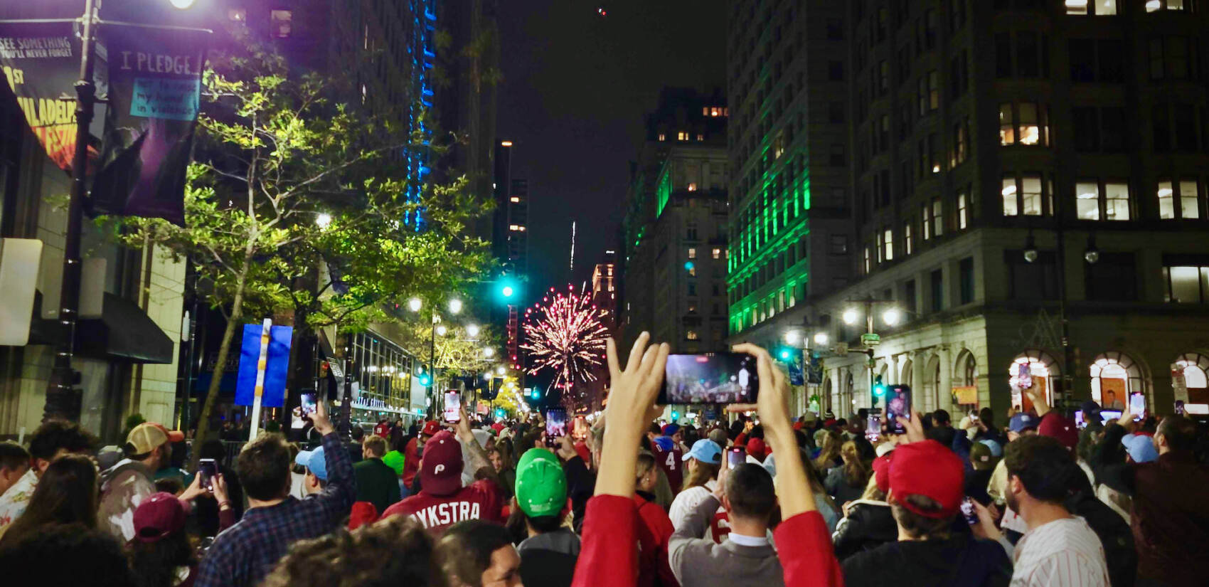 Fans celebrate on Broad Street after the Phillies clinch the National League pennant