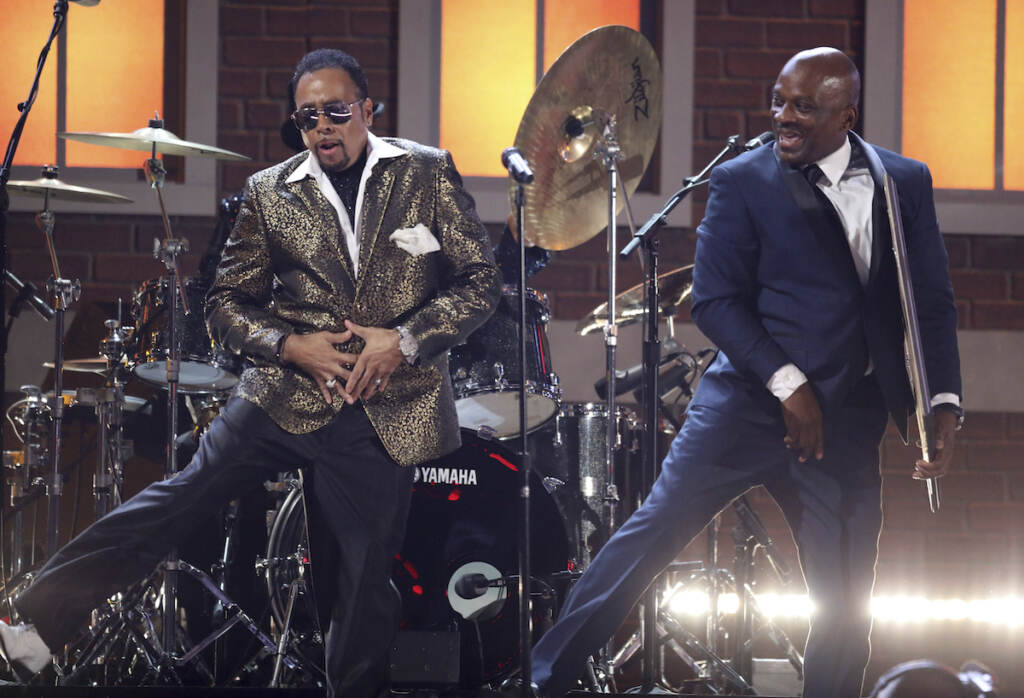 Morris Day (left) and Jerome Benton of The Time performs a tribute to Prince at the 59th annual Grammy Awards on Sunday, Feb. 12, 2017, in Los Angeles. (Photo by Matt Sayles/Invision/AP)