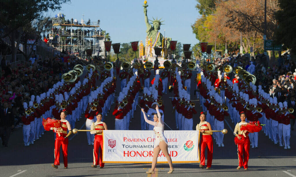 A marching band performs.