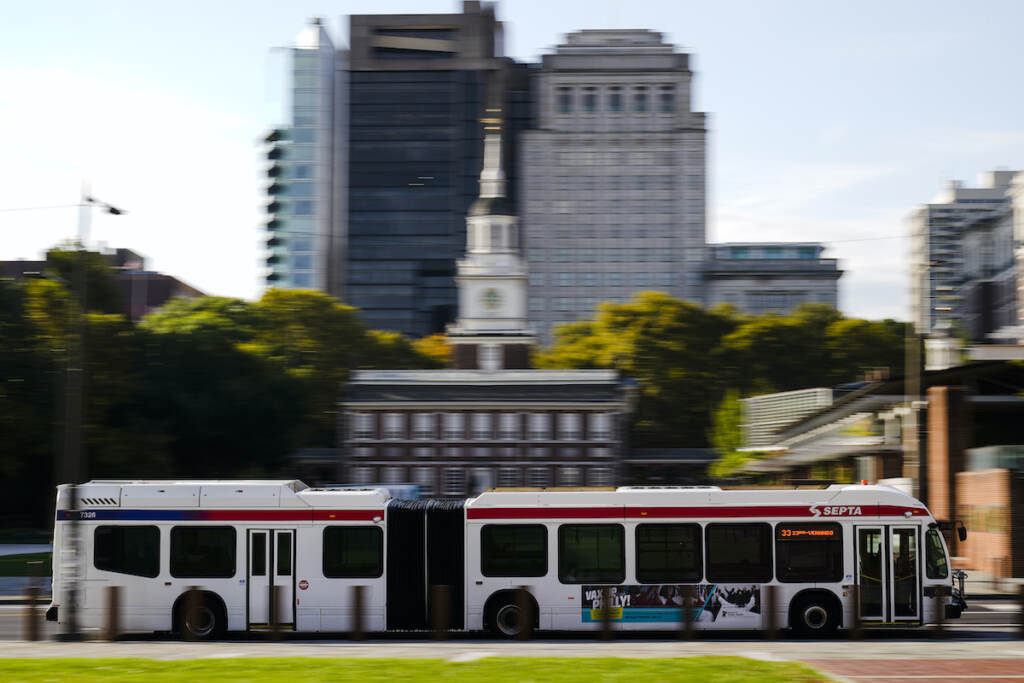 SEPTA File photo: A Southeastern Pennsylvania Transportation Authority bus (SEPTA) is driven on Market Street in view of Independence Hall in Philadelphia, Friday, Oct. 22, 2021. (AP Photo/Matt Rourke)