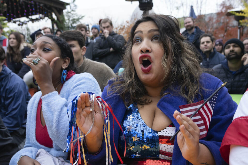Eesha Pendharkar Dania Abdalla Fans of the United States soccer team Eesha Pendharkar, right, and Dania Abdalla react as they watch on television at a bar in Washington the United States team play against the Netherlands during their World Cup soccer match, Saturday, Dec. 3, 2022. (AP Photo/Manuel Balce Ceneta)