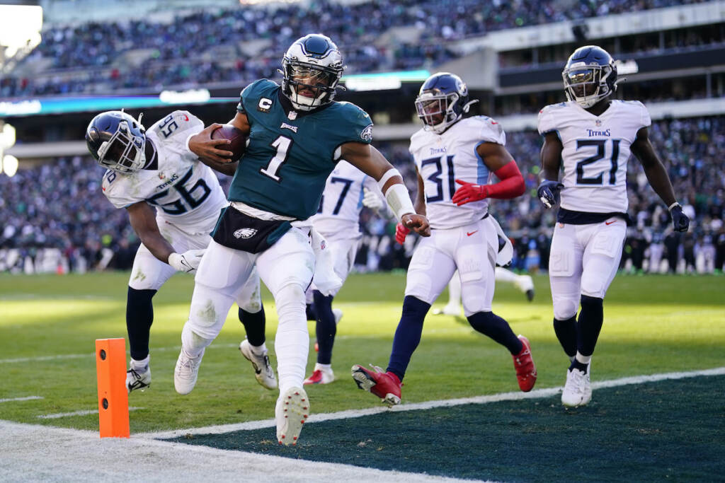 Titans Eagles Football Philadelphia Eagles' Jalen Hurts scores a touchdown during the first half of an NFL football game against the Tennessee Titans, Sunday, Dec. 4, 2022, in Philadelphia. (AP Photo/Matt Rourke)