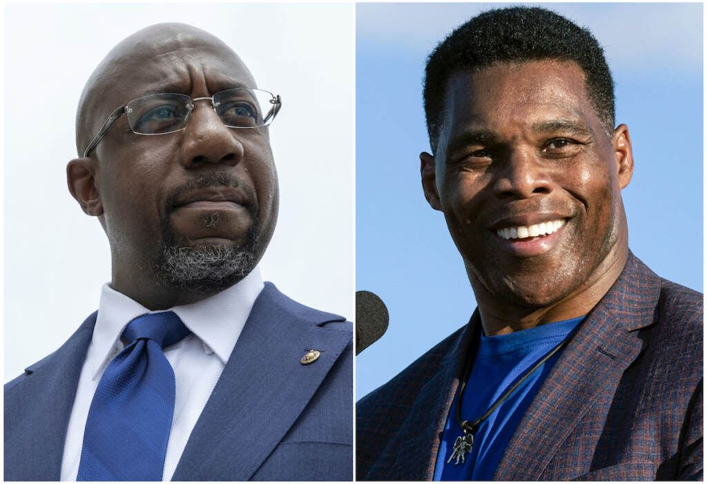 Election 2022 What to Watch This combination of photos shows, Sen. Raphael Warnock, D-Ga., speaking to reporters on Capitol Hill in Washington, Aug. 3, 2021, left, and Republican Senate candidate Herschel Walker speaking in Perry, Ga., Sept. 25, 2021. Walker is in a runoff election with incumbent Warnock. (AP Photo)