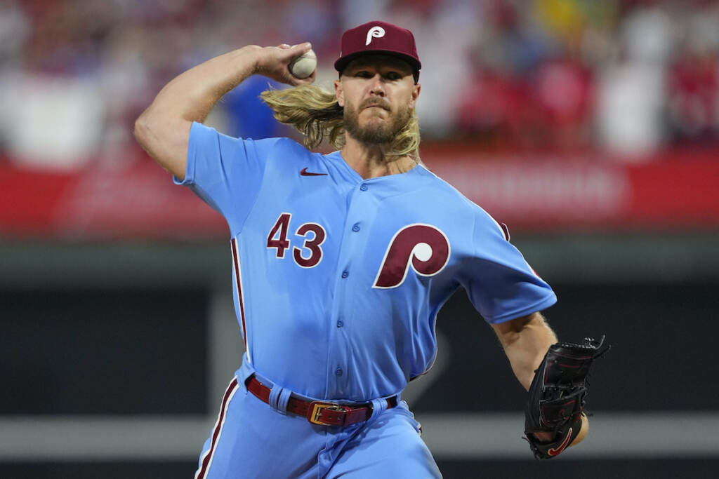 Dodgers Syndergaard Baseball File photo: Philadelphia Phillies starting pitcher Noah Syndergaard throws during the first inning in Game 5 of baseball's World Series between the Houston Astros and the Philadelphia Phillies on Thursday, Nov. 3, 2022, in Philadelphia. (AP Photo/Matt Slocum, File)