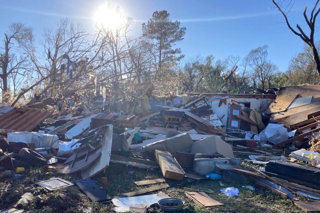 Winter Weather Louisiana Debris is piled up following severe weather Wednesday, Dec. 14, 2022, in Keithville, La. (AP Photo/Jake Bleiberg)