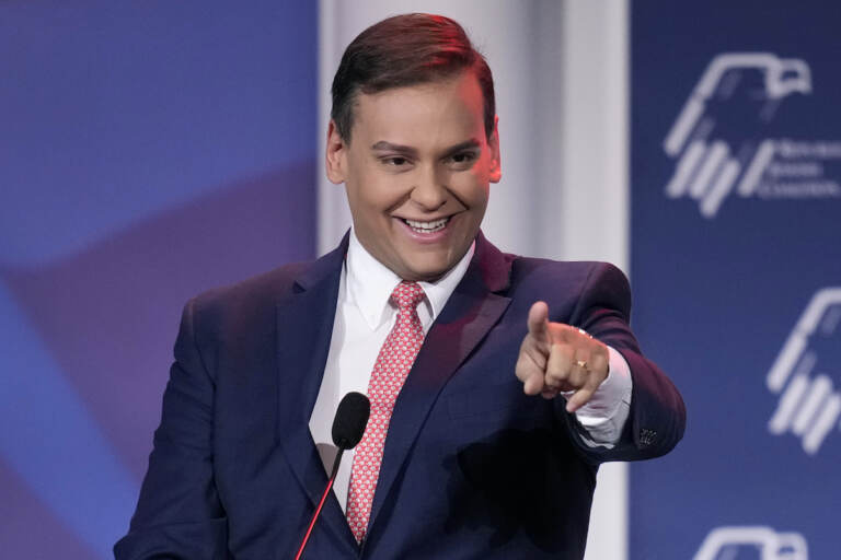 File photo: Rep.-elect George Santos, R-New York, speaks at an annual leadership meeting of the Republican Jewish Coalition Saturday, Nov. 19, 2022, in Las Vegas. (AP Photo/John Locher, File)