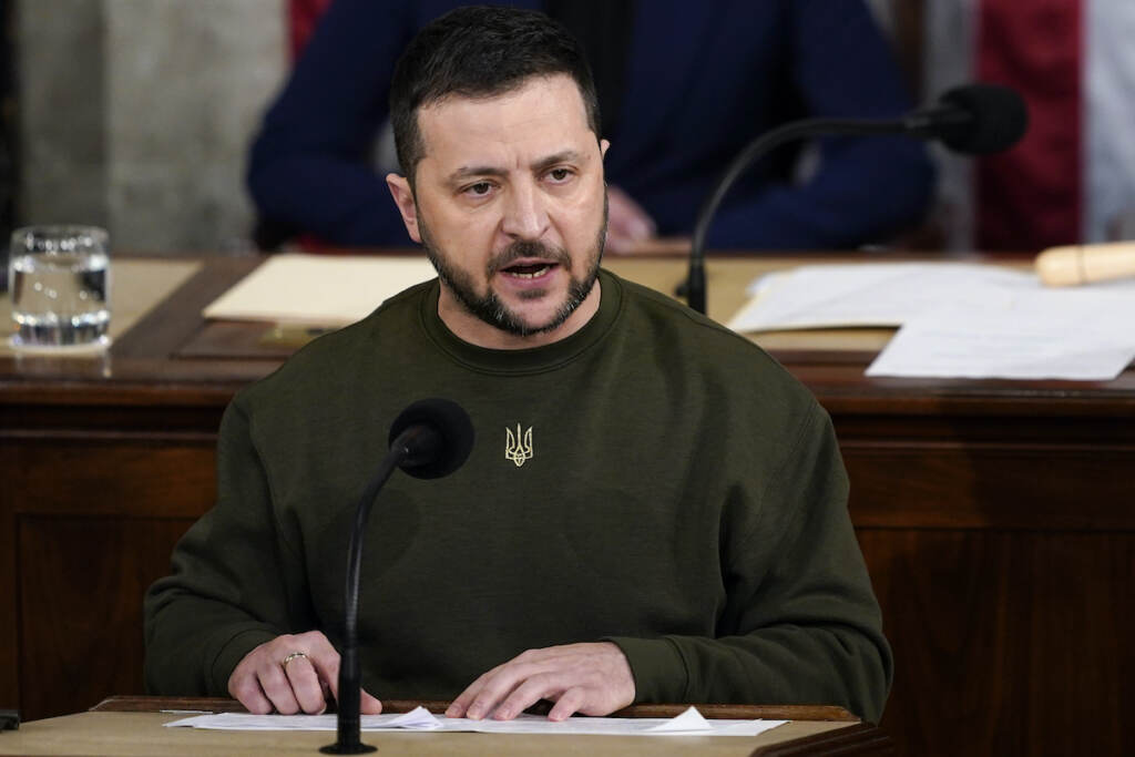 Volodymyr Zelenskyy Ukrainian President Volodymyr Zelenskyy addresses a joint meeting of Congress on Capitol Hill in Washington, Wednesday, Dec. 21, 2022. (AP Photo/Carolyn Kaster)