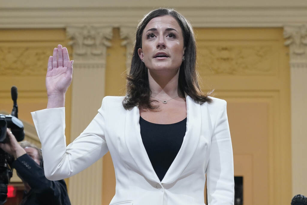 Capitol Riot Witness File photo: Cassidy Hutchinson, former aide to Trump White House chief of staff Mark Meadows, is sworn in to testify before the House select committee investigating the Jan. 6 attack, on Capitol Hill in Washington, June 28, 2022. (AP Photo/Jacquelyn Martin, File)