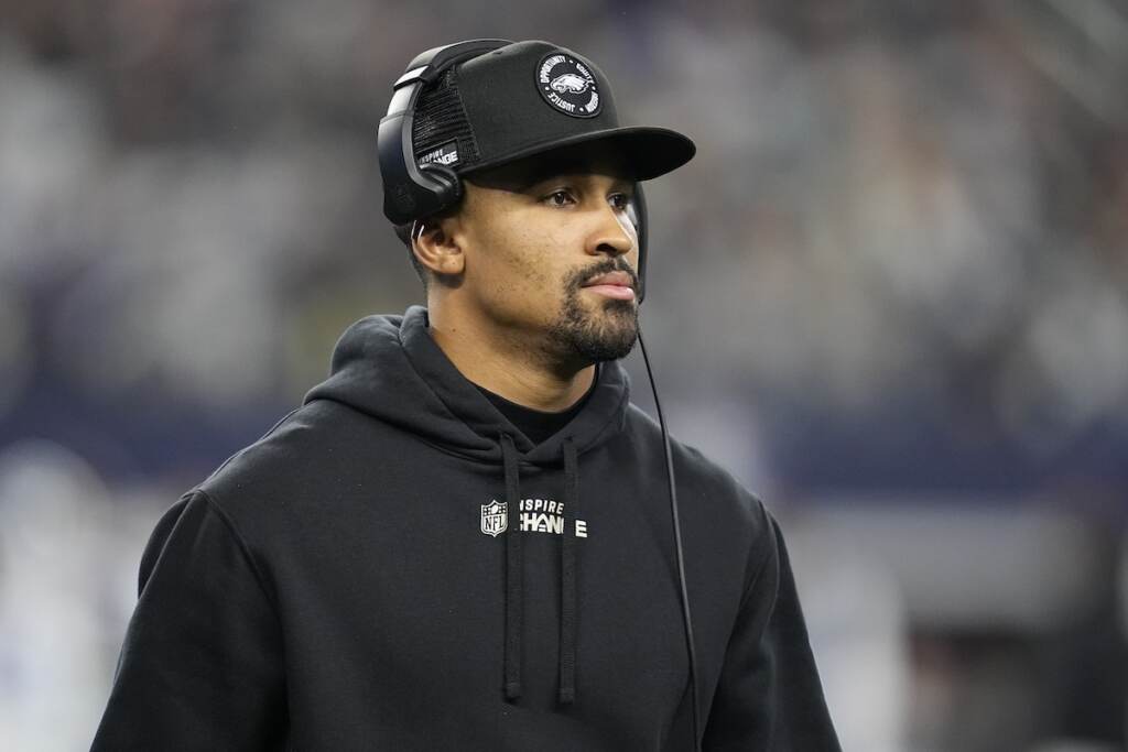 Eagles Cowboys Football Philadelphia Eagles' Jalen Hurts is seen on the sideline during the second half of an NFL football game against the Dallas Cowboys Saturday, Dec. 24, 2022, in Arlington, Texas. (AP Photo/Tony Gutierrez)