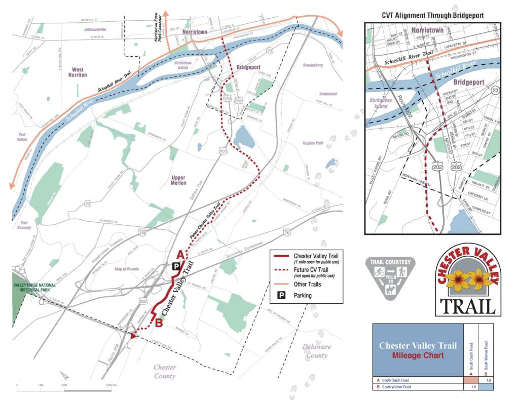 A map of the Chester Valley Trail and its new extension in Montgomery County.