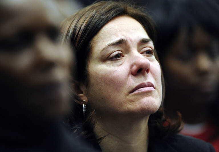 Francine Wheeler, mother of Sandy Hook Elementary School shooting victim Benjamin Wheeler, cries as she listens to Vice President Joe Biden speak during a gun violence conference.  (AP Photo/Jessica Hill)