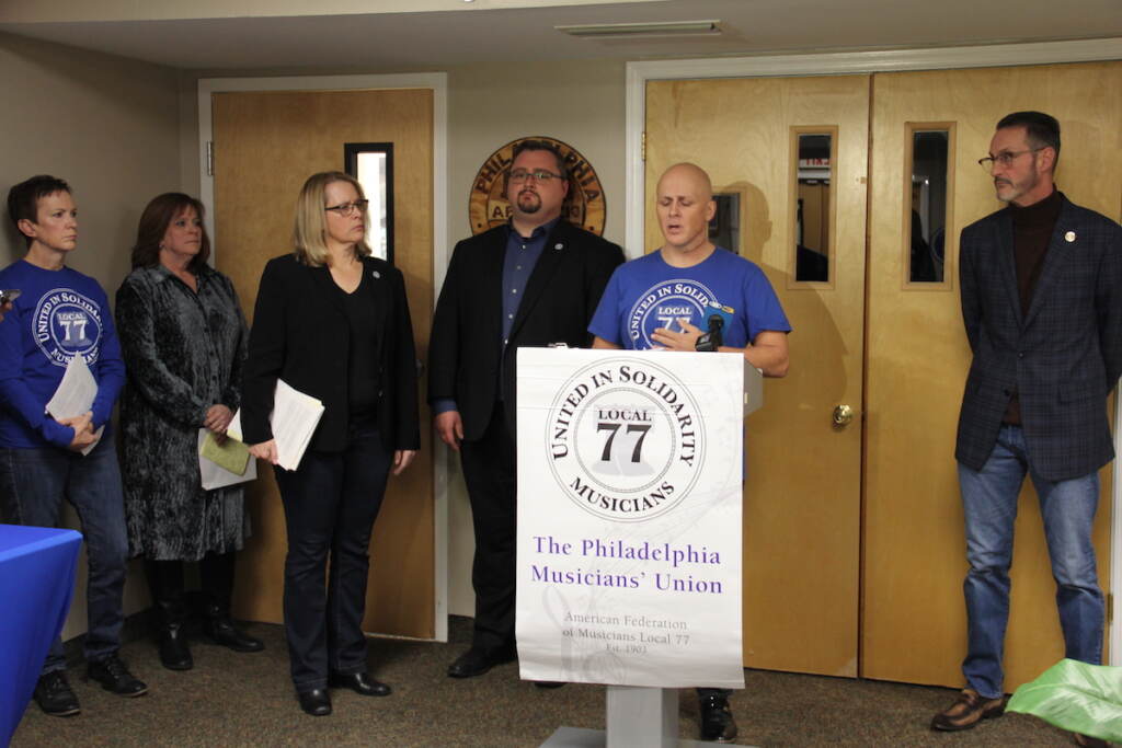 Philly POPS musicians and Local 77 members addressed the collective bargaining issues the union's had with executives during a press conference on Dec. 13, 2022. (Cory Sharber)
