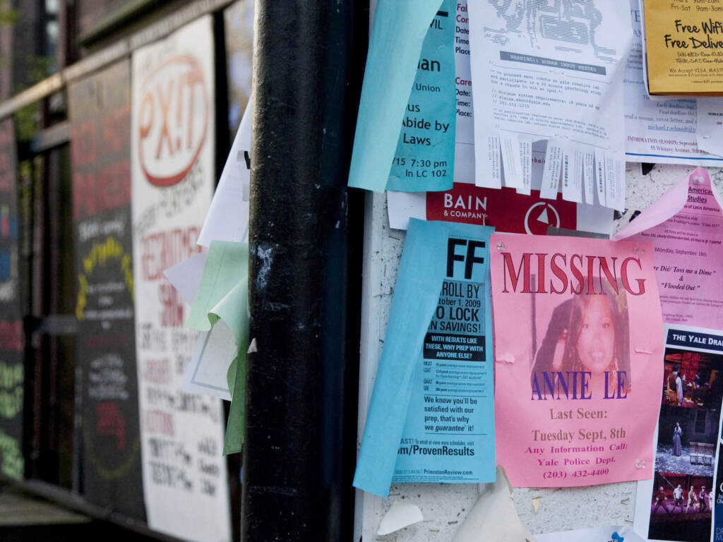 A missing persons flyer, bearing the name of Annie Le, shown here in New Haven, Conn., in September 2009. This year, the Columbia Journalism Review (CJR) launched a new tool that allows users to openly share their “press value” with the world if they were to go missing. Posters say missing on them and have photos of people.