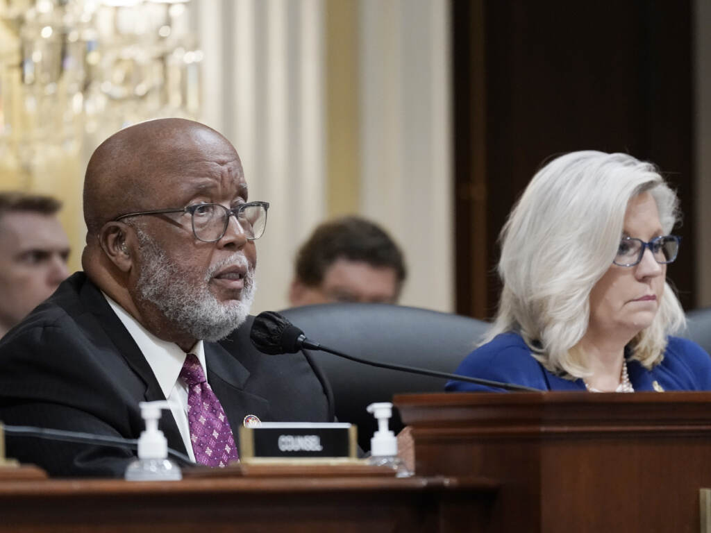 Chairman Bennie Thompson, D-Miss., and Vice Chair Liz Cheney, R-Wyo., preside over a House select committee investigating the Jan. 6 attack hearing in October. Chairman Bennie Thompson, D-Miss., and Vice Chair Liz Cheney, R-Wyo., preside over a House select committee investigating the Jan. 6 attack hearing in October. (J. Scott Applewhite/AP)