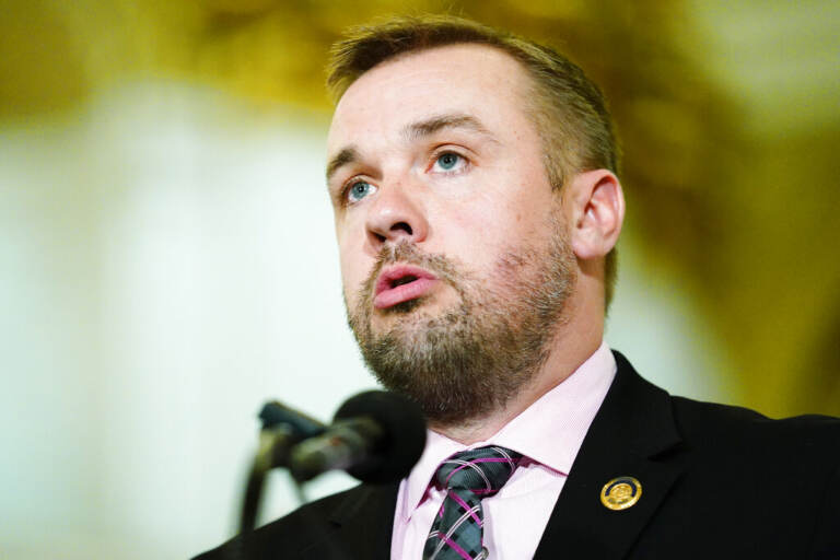 File photo: Pennsylvania House Speaker Bryan Cutler, R-Lancaster, speaker at the Capitol in Harrisburg, Pa., Tuesday, Feb. 8, 2022. Democrats in the Pennsylvania House moved to control the chamber, Wednesday, Dec. 7, 2022 after they barely won back a majority of seats in November but one of their incumbents died and two others won higher office. (AP Photo/Matt Rourke, File)