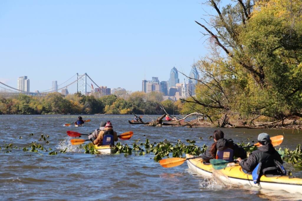 camden3 People paddle in boats along the Delaware River. The Philly skyline is visible in the background.