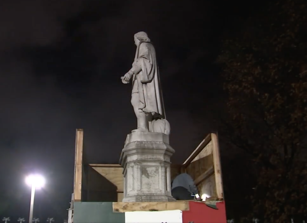 columbus-statue-unboxing-6abc Crews removed the box surrounding the Christopher Columbus statue in South Philadelphia's Marconi Plaza on Sunday night. (6abc)