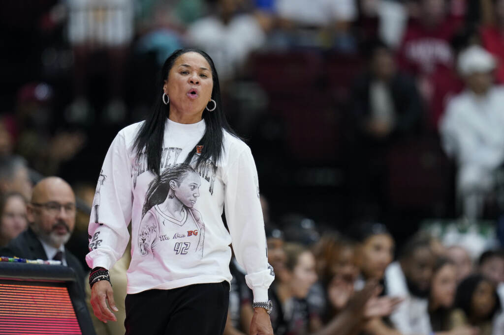 South Carolina Stanford Basketball South Carolina head coach Dawn Staley watches during the first half of an NCAA college basketball game against Stanford in Stanford, Calif., Sunday, Nov. 20, 2022. (AP Photo/Godofredo A. Vásquez)