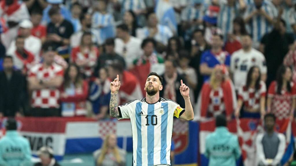 Argentina forward Lionel Messi celebrates scoring his team’s first goal from the penalty spot during the World Cup semifinal match between Argentina and Croatia in Qatar on December 13, 2022. Argentina forward Lionel Messi celebrates scoring his team's first goal from the penalty spot during the World Cup semifinal match between Argentina and Croatia in Qatar on December 13, 2022. (Juan Mabromata/AFP via Getty Images)
