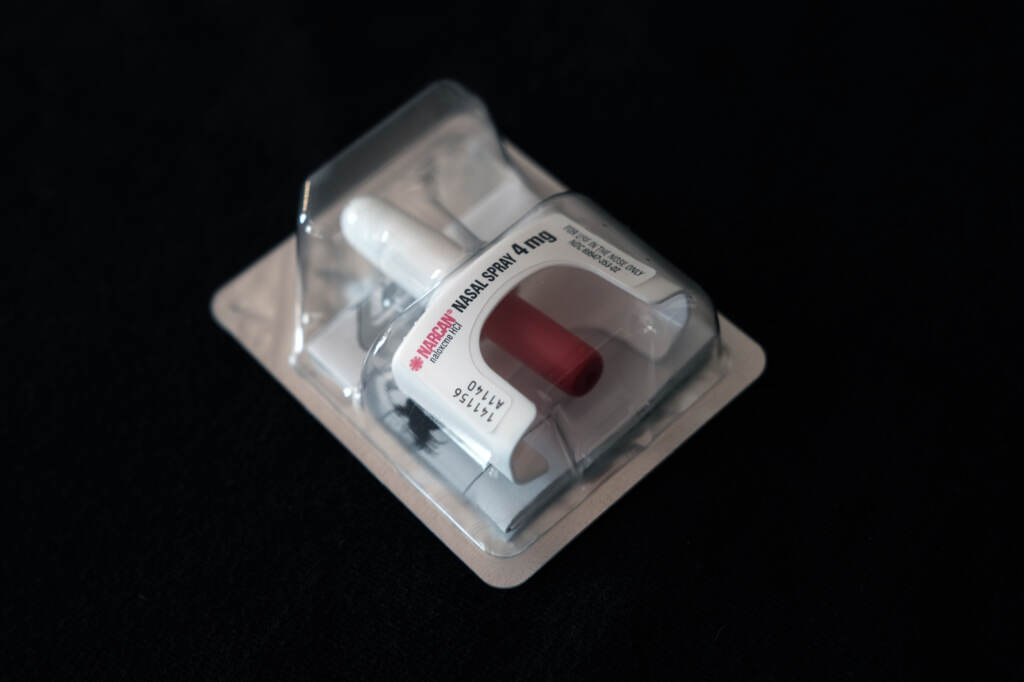 In this photo illustration, a Narcan nasal overdose kit is displayed as part of the Brooklyn Community Recovery Center's demonstration on how to use Narcan to revive a person in the case of a drug overdose on Sept. 1, in the Brooklyn borough of New York City. (Spencer Platt/Getty Images)