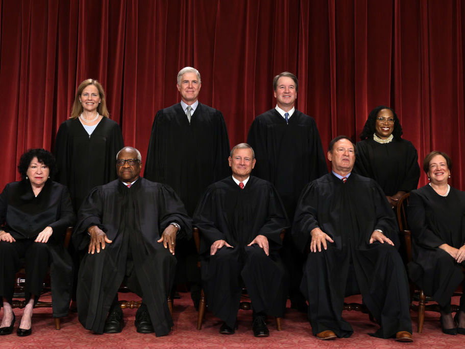 U.S Supreme Court Are the justices of the U.S Supreme Court ready to overturn the power of state courts to oversee congressional elections in the states?
WASHINGTON, DC - OCTOBER 07: United States Supreme Court (front row L-R) Associate Justice Sonia Sotomayor, Associate Justice Clarence Thomas, Chief Justice of the United States John Roberts, Associate Justice Samuel Alito, and Associate Justice Elena Kagan, (back row L-R) Associate Justice Amy Coney Barrett, Associate Justice Neil Gorsuch, Associate Justice Brett Kavanaugh and Associate Justice Ketanji Brown Jackson pose for their official portrait at the East Conference Room of the Supreme Court building on October 7, 2022 in Washington, DC. The Supreme Court has begun a new term after Associate Justice Ketanji Brown Jackson was officially added to the bench in September. (Photo by Alex Wong/Getty Images)