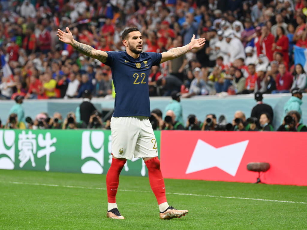 Theo Hernández of France celebrates after scoring the team’s first goal during the 2022 World Cup semifinal between France and Morocco on December 14, 2022 in Al Khor, Qatar. Theo Hernández of France celebrates after scoring the team's first goal during the 2022 World Cup semifinal between France and Morocco on December 14, 2022 in Al Khor, Qatar. (Dan Mullan/Getty Images)
