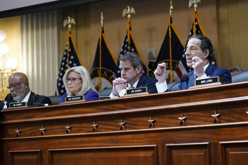Jamie Raskin,Bennie Thompson,Liz Cheney,Adam Kinzinger Rep. Jamie Raskin, D-Md., speaks as the House select committee investigating the Jan. 6 attack on the U.S. Capitol holds its final meeting on Capitol Hill in Washington, Monday, Dec. 19, 2022. From left are Chairman Bennie Thompson, D-Miss., Vice Chair Liz Cheney, R-Wyo., Rep. Adam Kinzinger, R-Ill., Raskin. (AP Photo/J. Scott Applewhite)