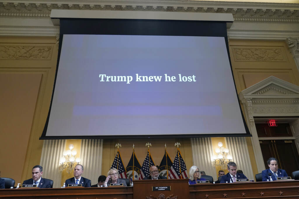 Capitol Riot Investigation A video presentation plays as the House select committee investigating the Jan. 6 attack on the U.S. Capitol holds its final meeting on Capitol Hill in Washington, Monday, Dec. 19, 2022. (AP Photo/Jacquelyn Martin)